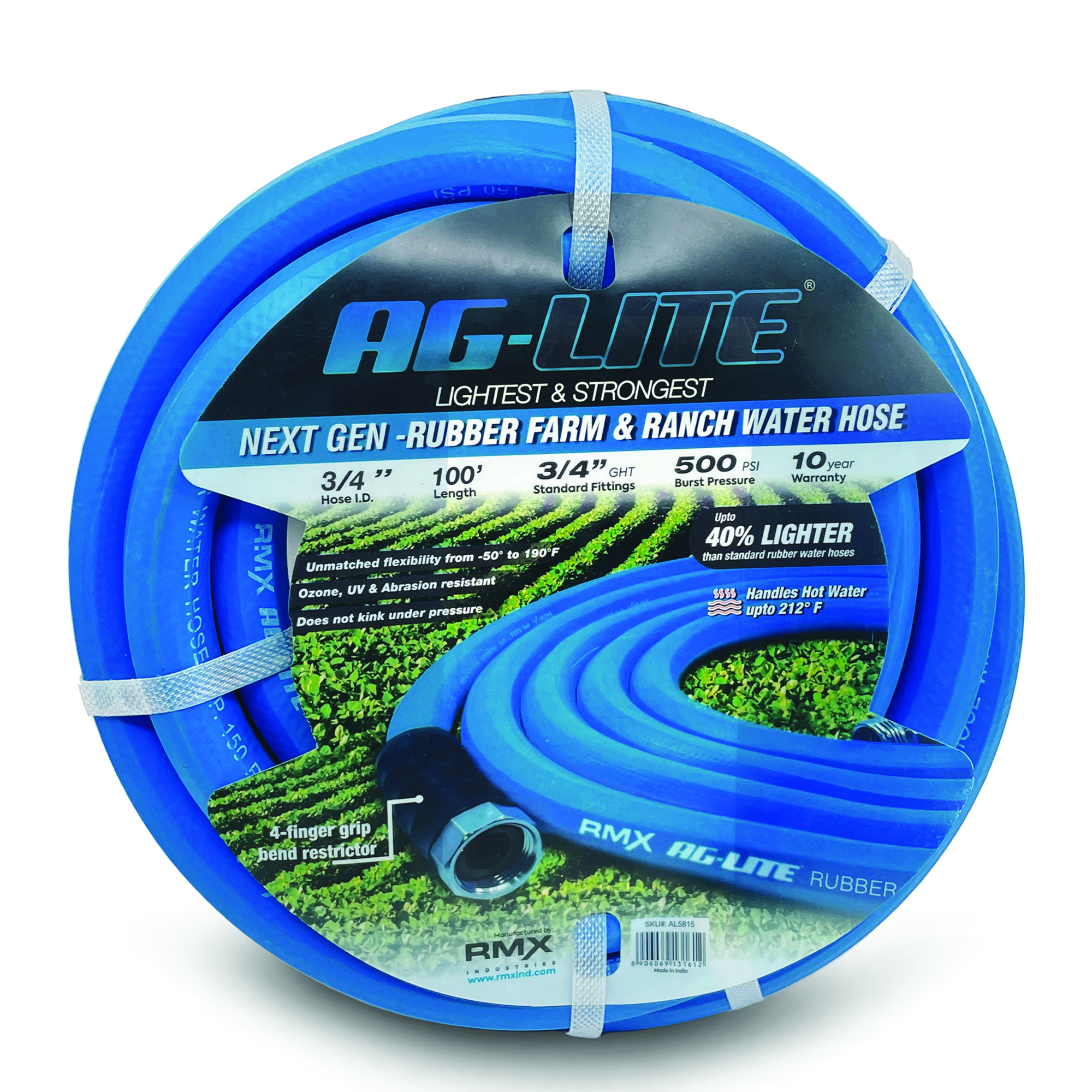 Aglite Rubber Water Hose, 3/4in. x 100ft., 500 PSI, Long-Lasting, Model# AL34100